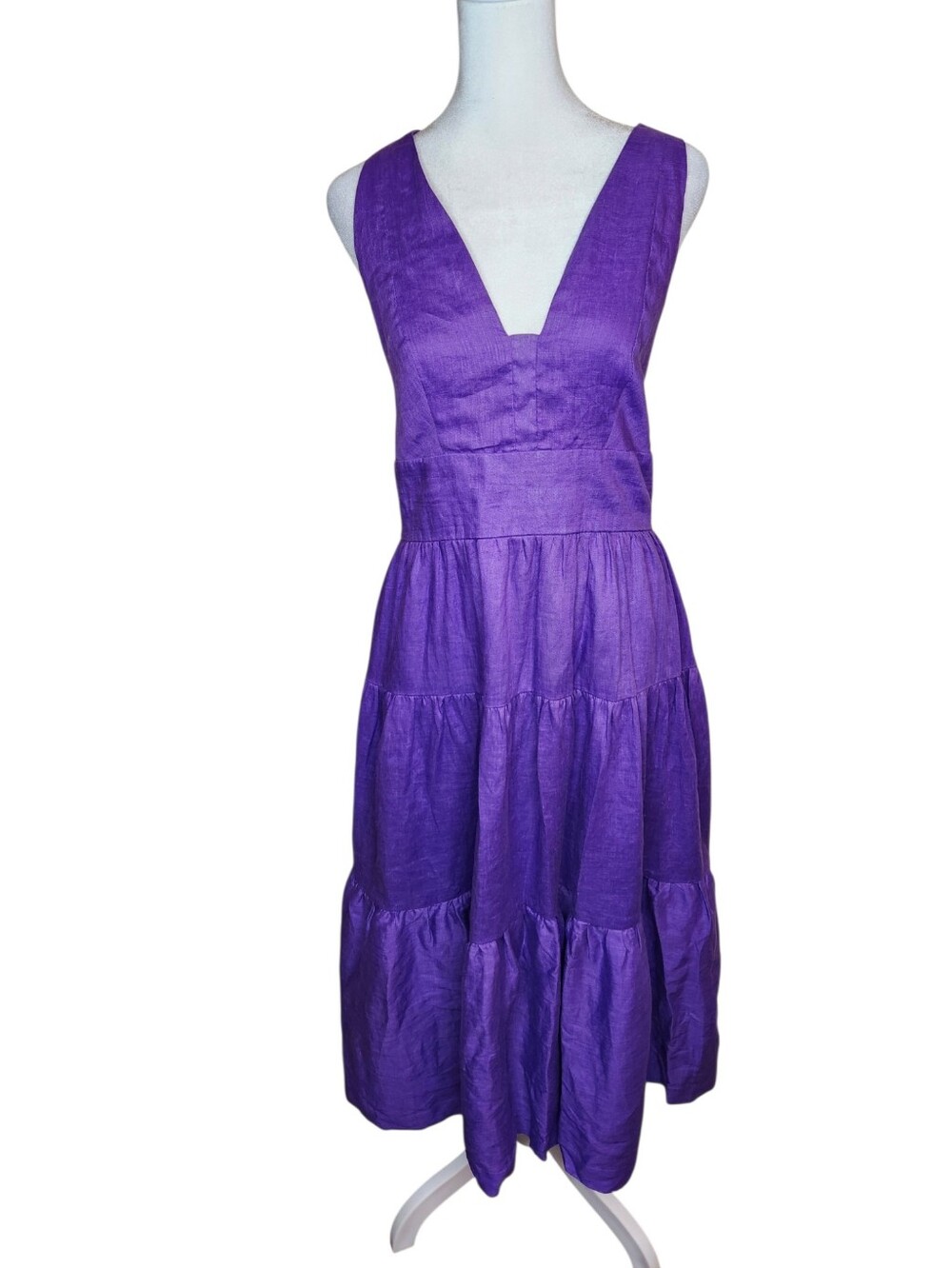 Frieeah Chic Cross Back Tiered A Line Linen Blend Dress Purple Medium